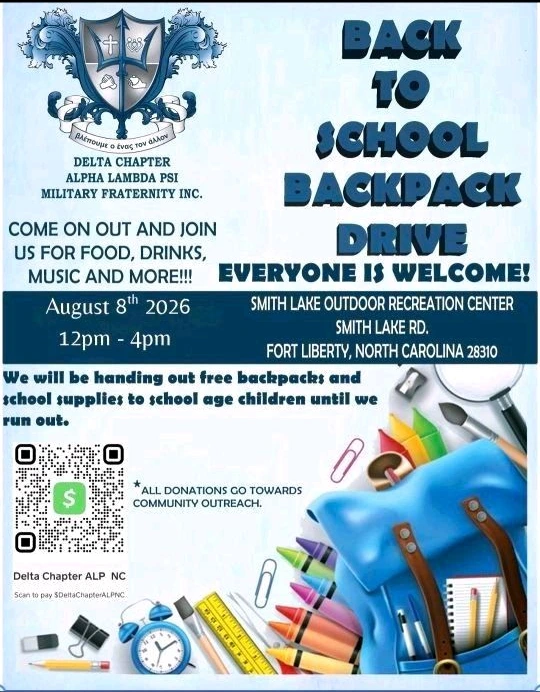 Delta Chapter Back to School Backpack Drive flyer, August 8, 2026